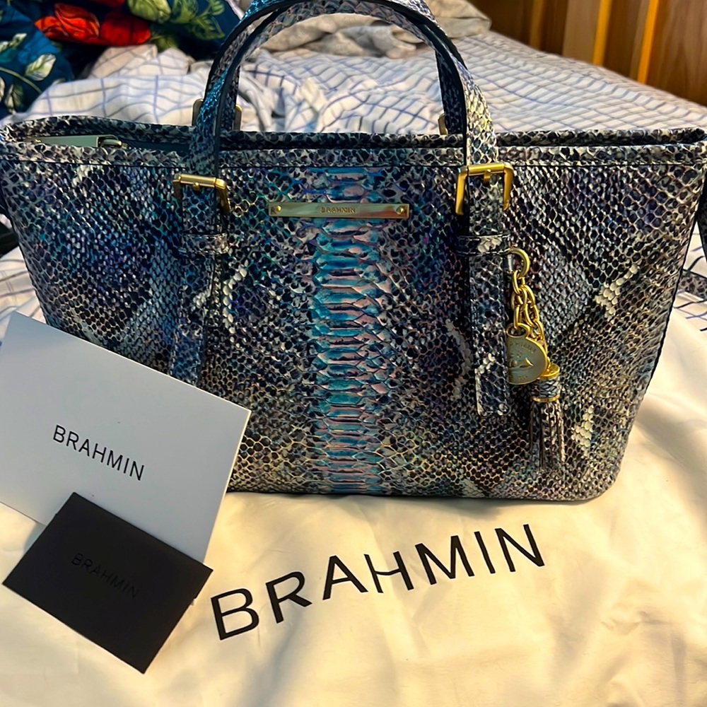 Brahmin Mini Asher Marine Seville Snake Print Tote